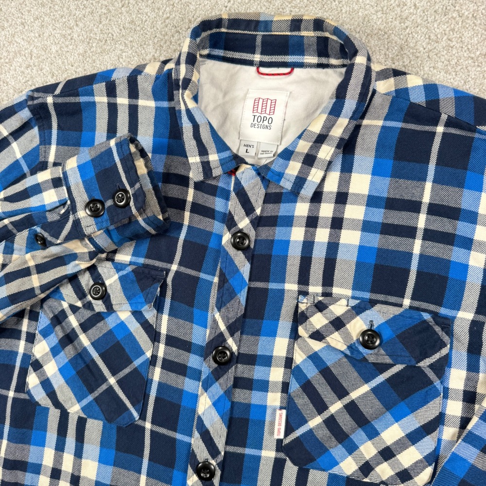 Topo Designs Flannel Shirt Mens L Blue Plaid Organic Cotton Long Sleeve ButtonUp